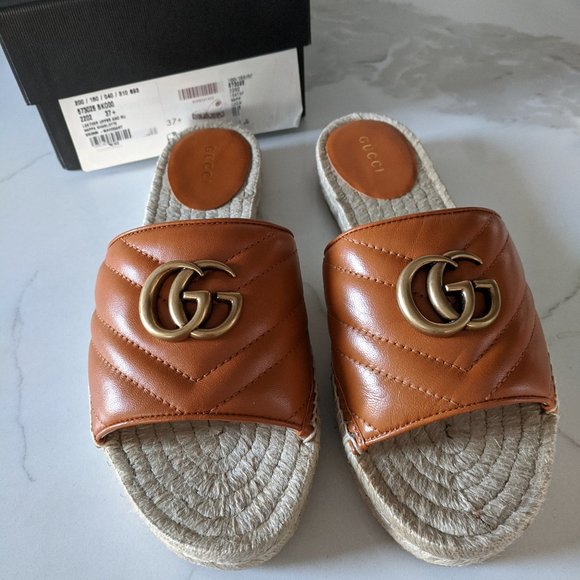 Gucci Tan Brown Pilar Espadrille Slide Sandals GG - Picture 1 of 9